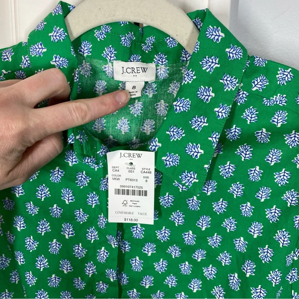 J. Crew Green Printed Mini Shirt Dress